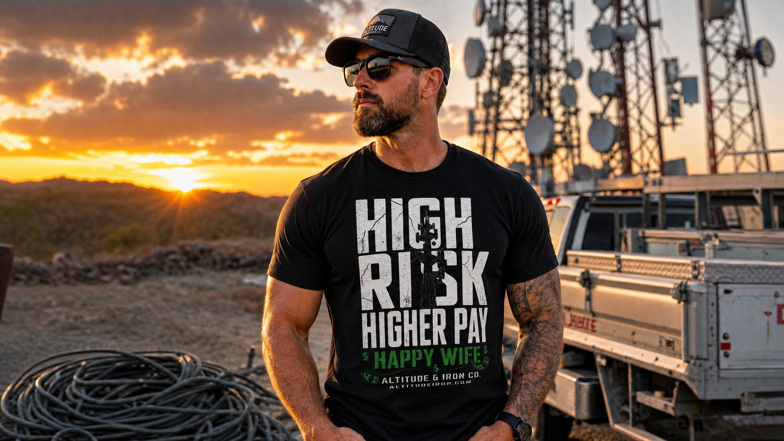 "High Risk, Higher Pay" Tower Climber Graphic Tee — Unisex T-Shirt | Altitude & Iron