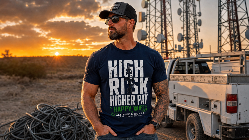 "High Risk, Higher Pay" Tower Climber Graphic Tee — Unisex T-Shirt | Altitude & Iron
