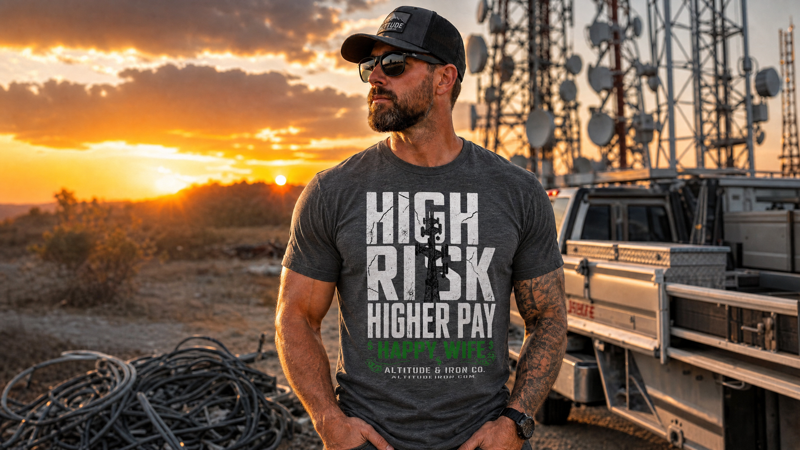 "High Risk, Higher Pay" Tower Climber Graphic Tee — Unisex T-Shirt | Altitude & Iron