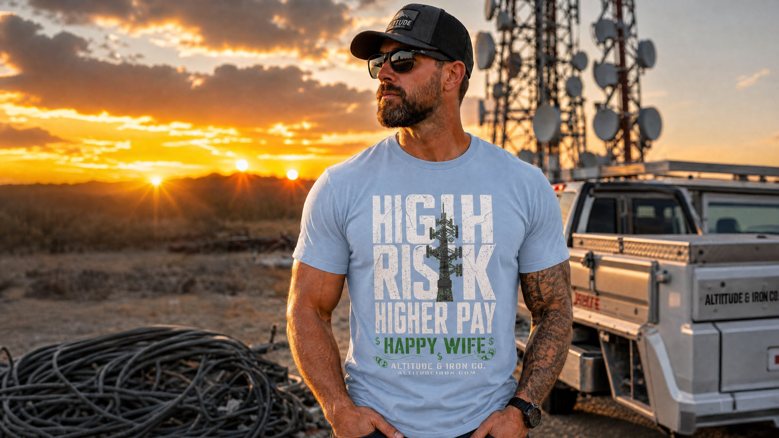 "High Risk, Higher Pay" Tower Climber Graphic Tee — Unisex T-Shirt | Altitude & Iron
