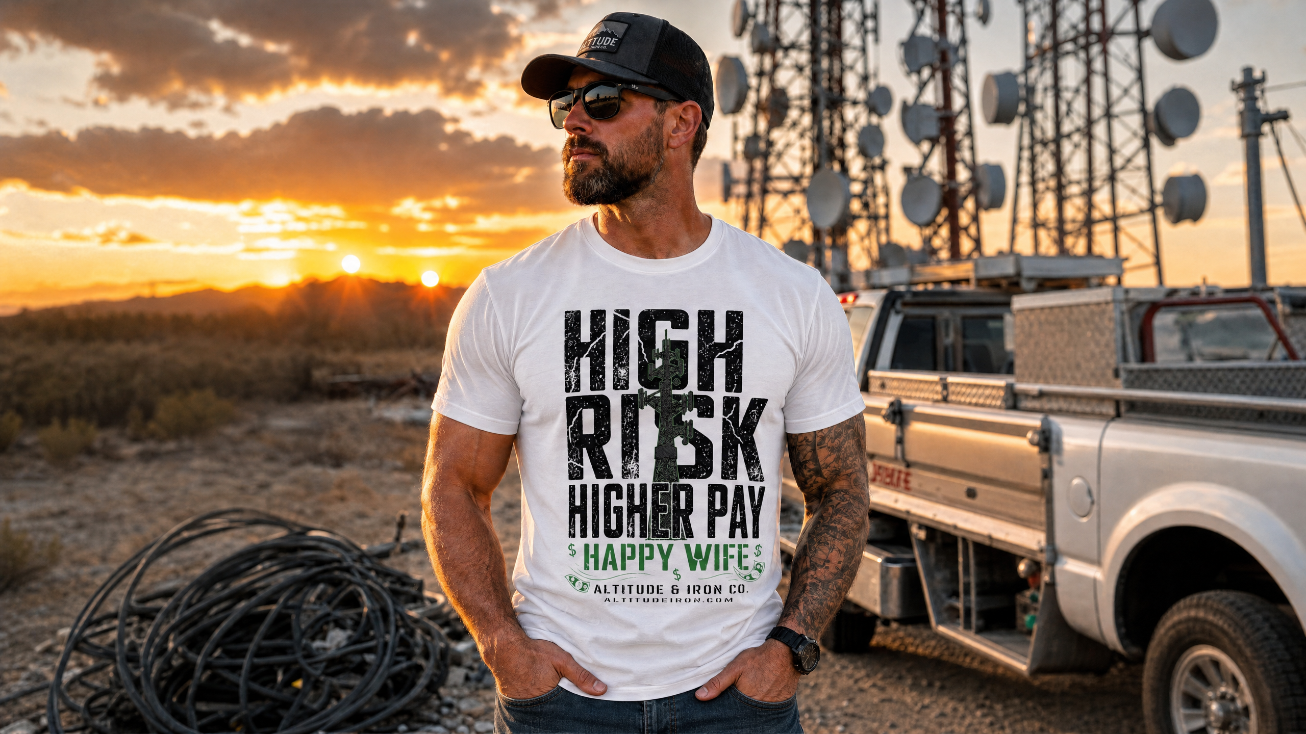 "High Risk, Higher Pay" Tower Climber Graphic Tee — Unisex T-Shirt | Altitude & Iron