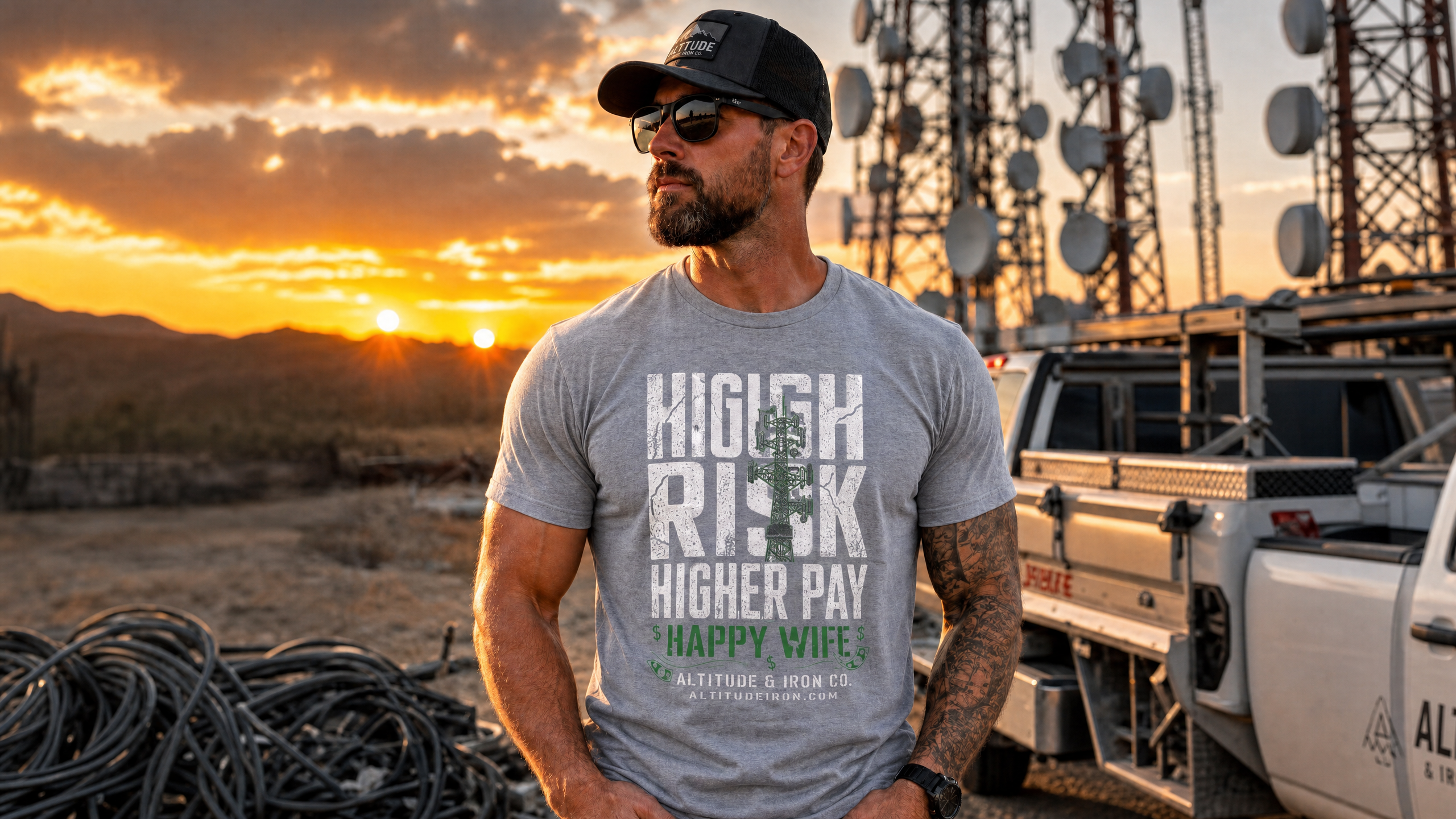 "High Risk, Higher Pay" Tower Climber Graphic Tee — Unisex T-Shirt | Altitude & Iron