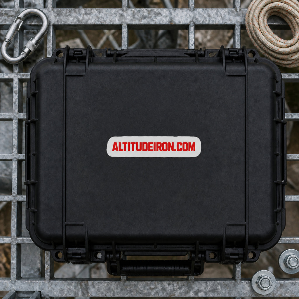 AltitudeIron.com wordmark sticker applied to a black equipment case