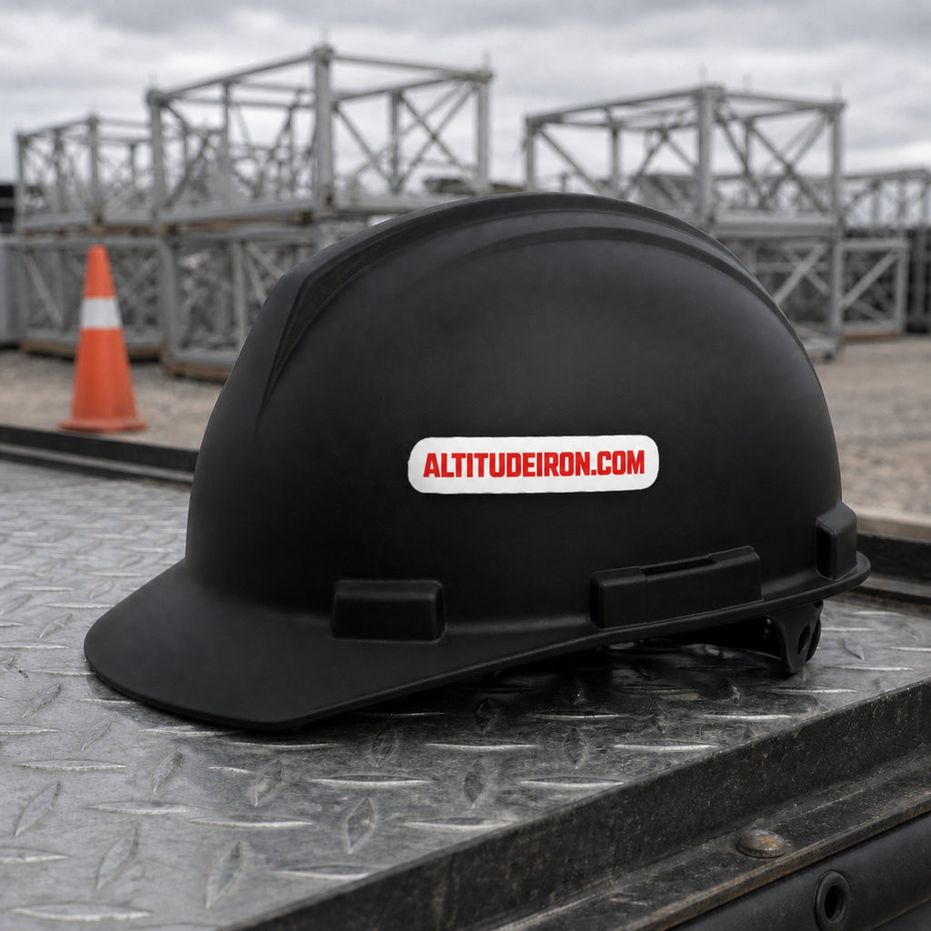 AltitudeIron.com wordmark sticker applied to a black hard hat