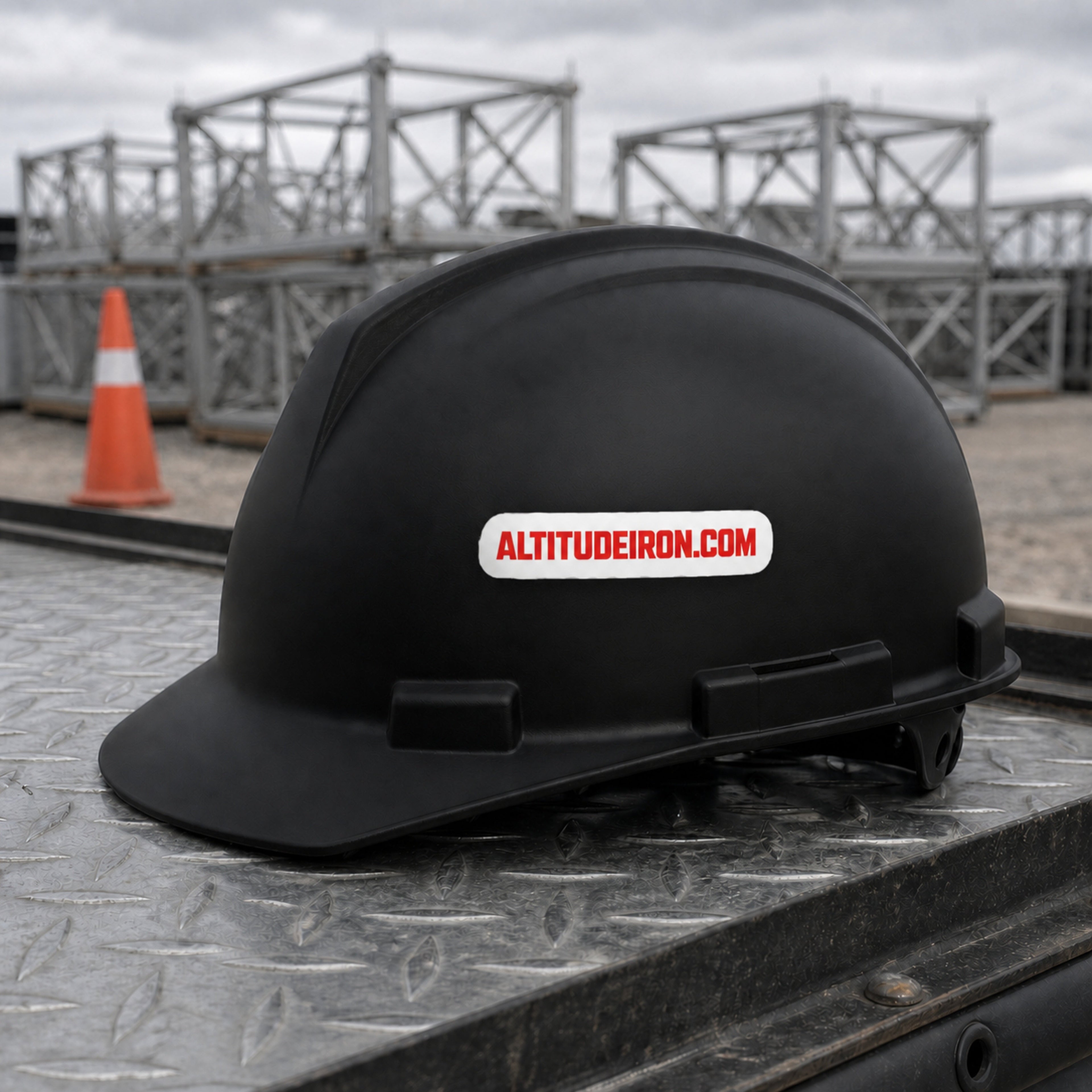 AltitudeIron.com wordmark sticker applied to a black hard hat
