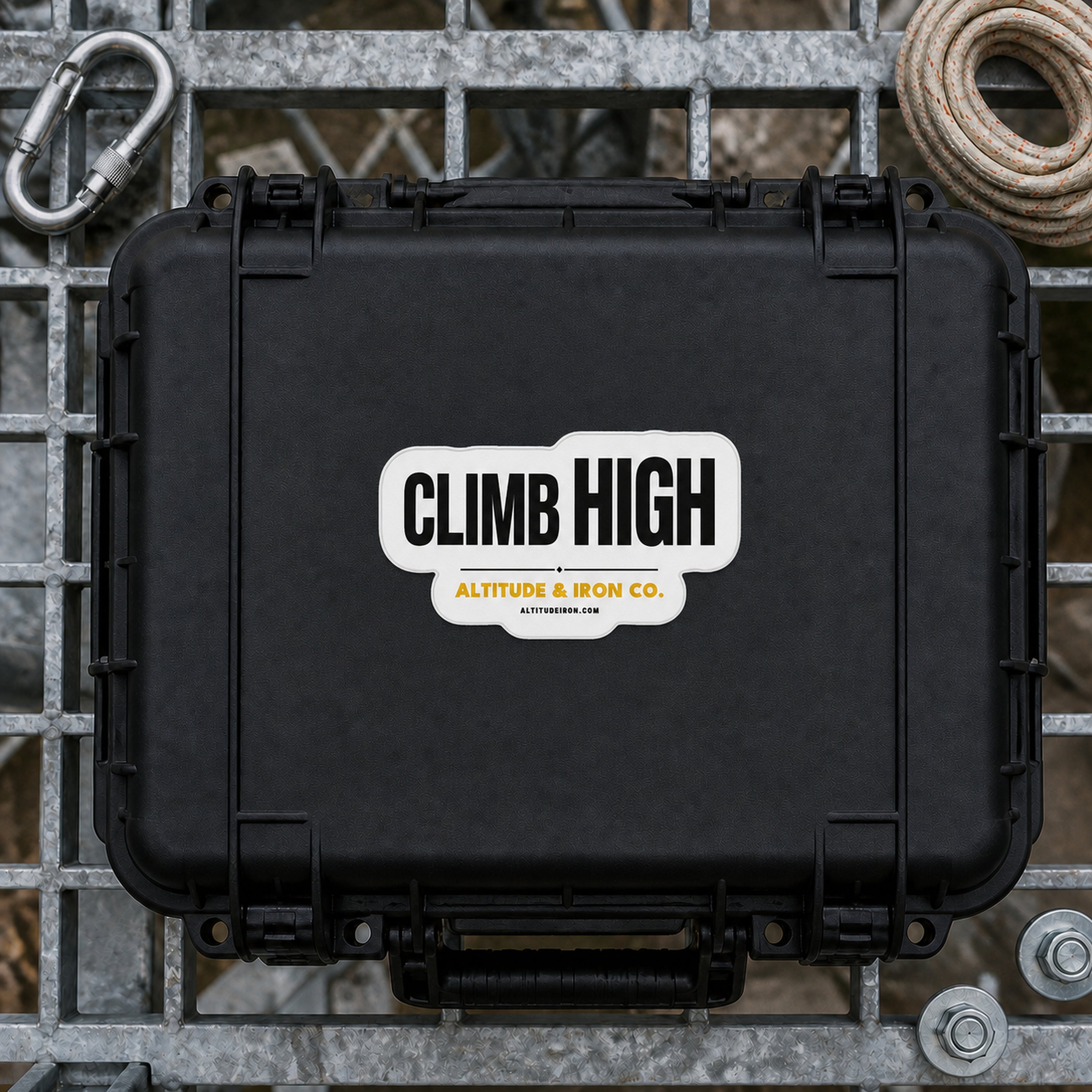 Climb High black and gold sticker applied to a black equipment case