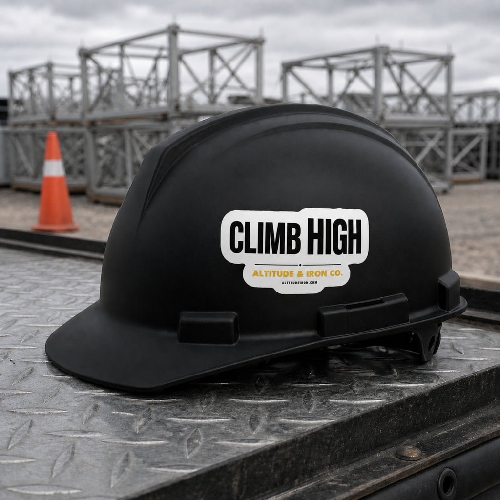 Climb High black and gold sticker applied to a black hard hat