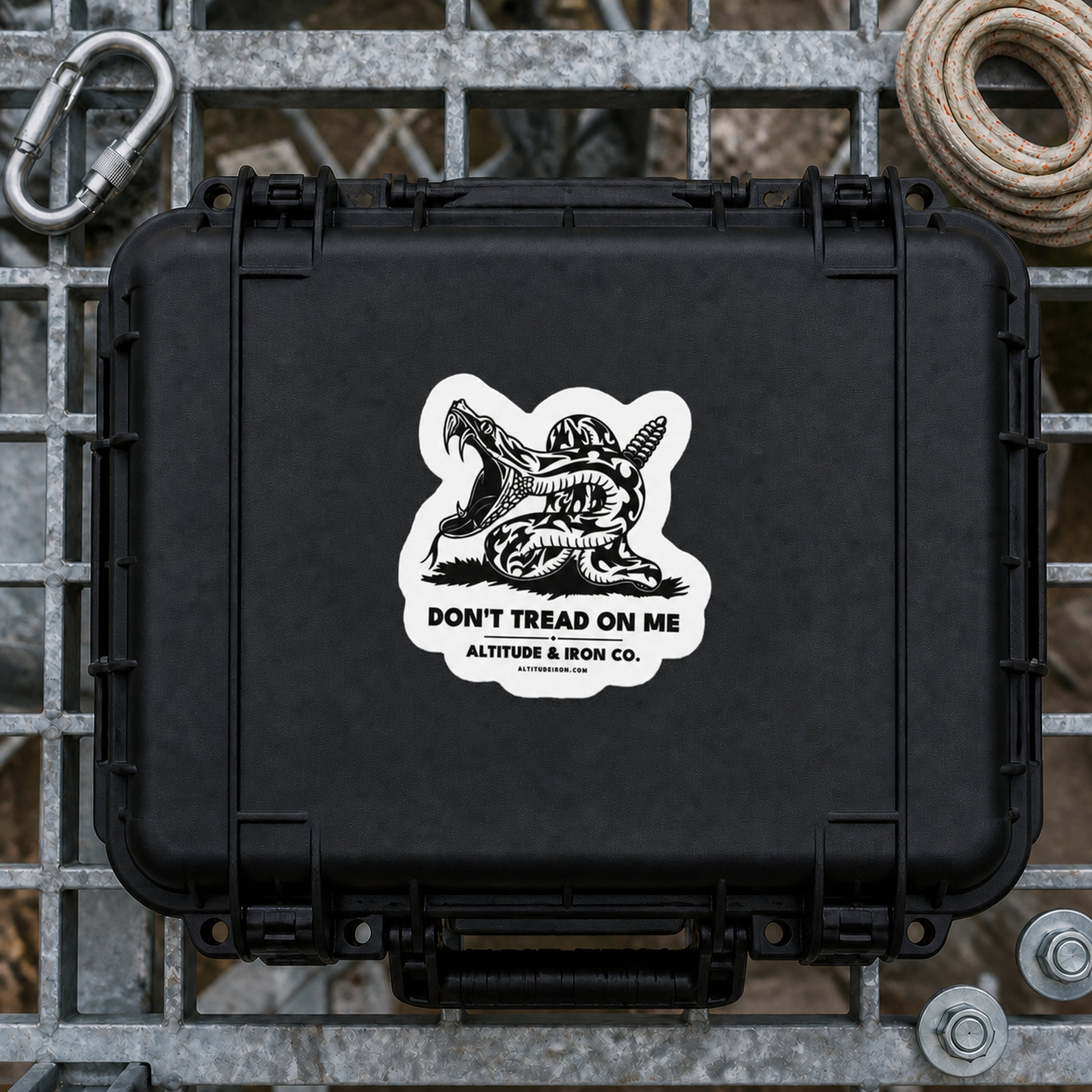 Don't Tread on Me rattlesnake sticker applied to a black equipment case