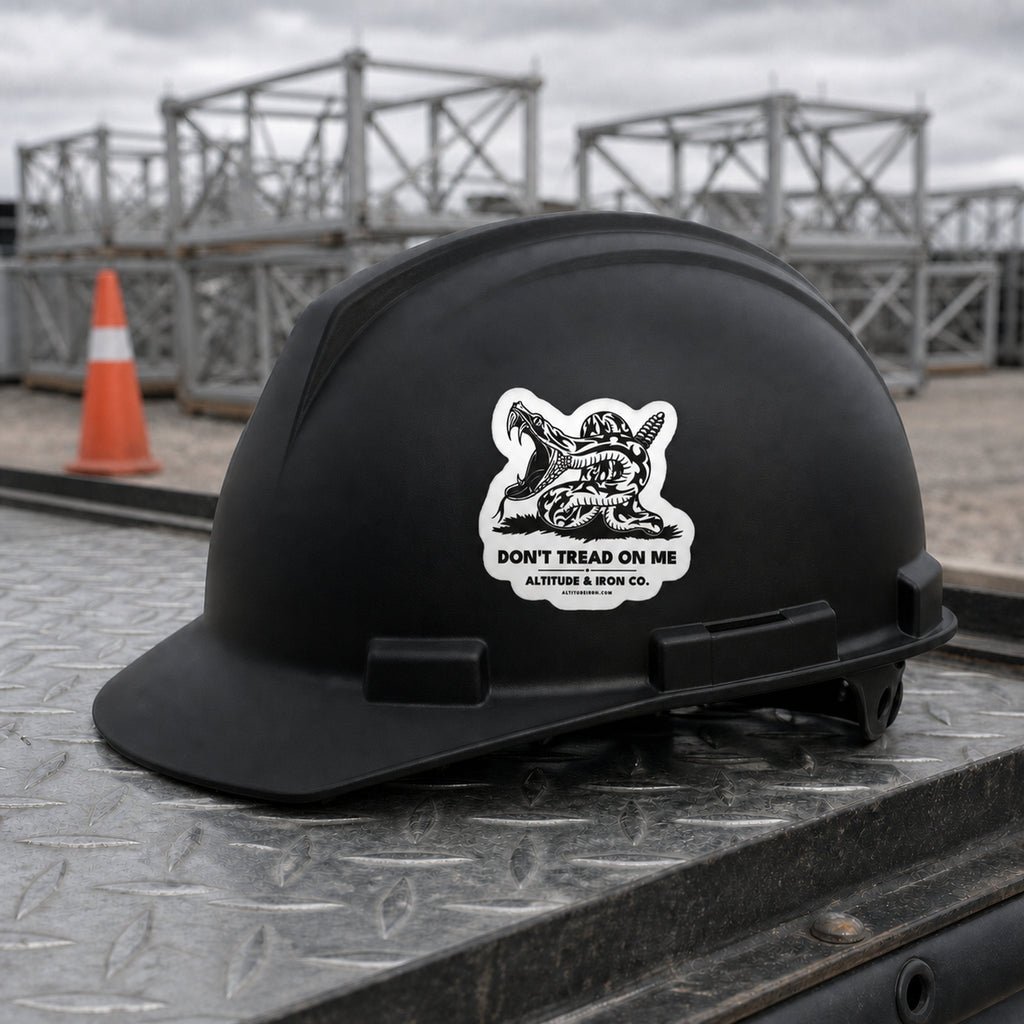 Don't Tread on Me rattlesnake sticker applied to a black hard hat