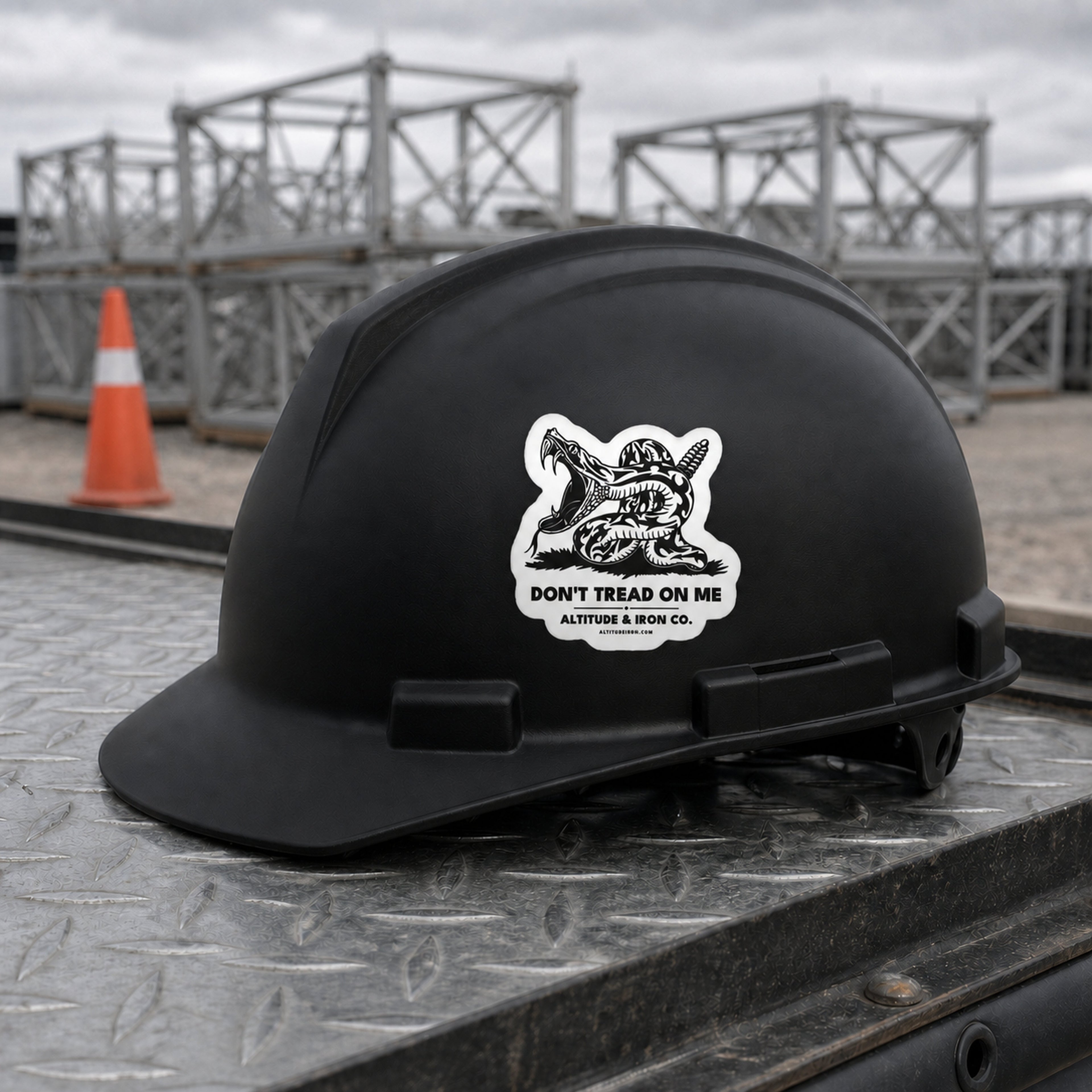 Don't Tread on Me rattlesnake sticker applied to a black hard hat