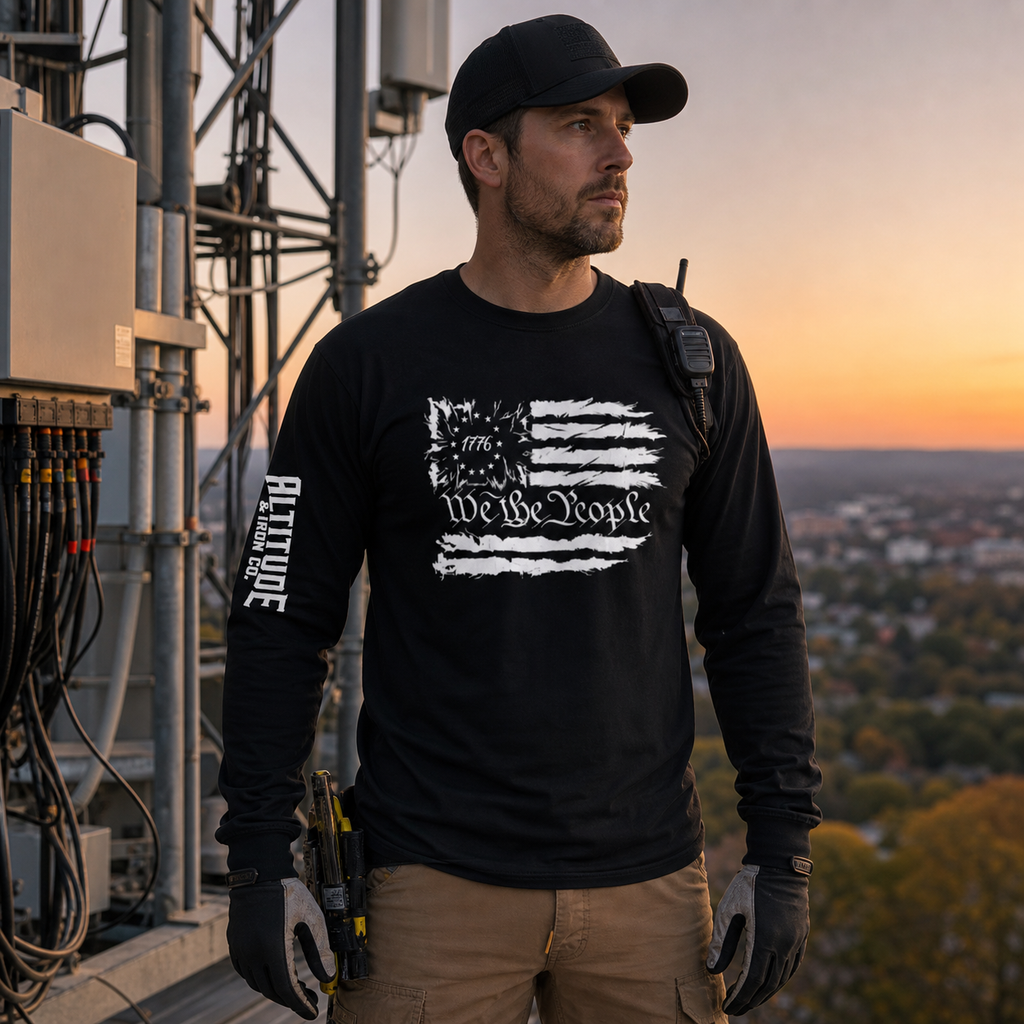 We The People Long Sleeve Tee — Dark, an Altitude & Iron long sleeve shirt for tower climbers
