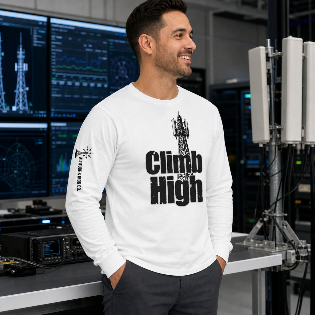 Climb High Long Sleeve Tee, an Altitude & Iron long sleeve shirt for tower climbers