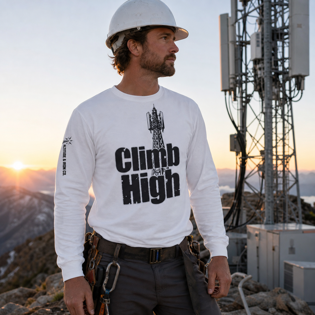 Climb High Long Sleeve Tee, an Altitude & Iron long sleeve shirt for tower climbers