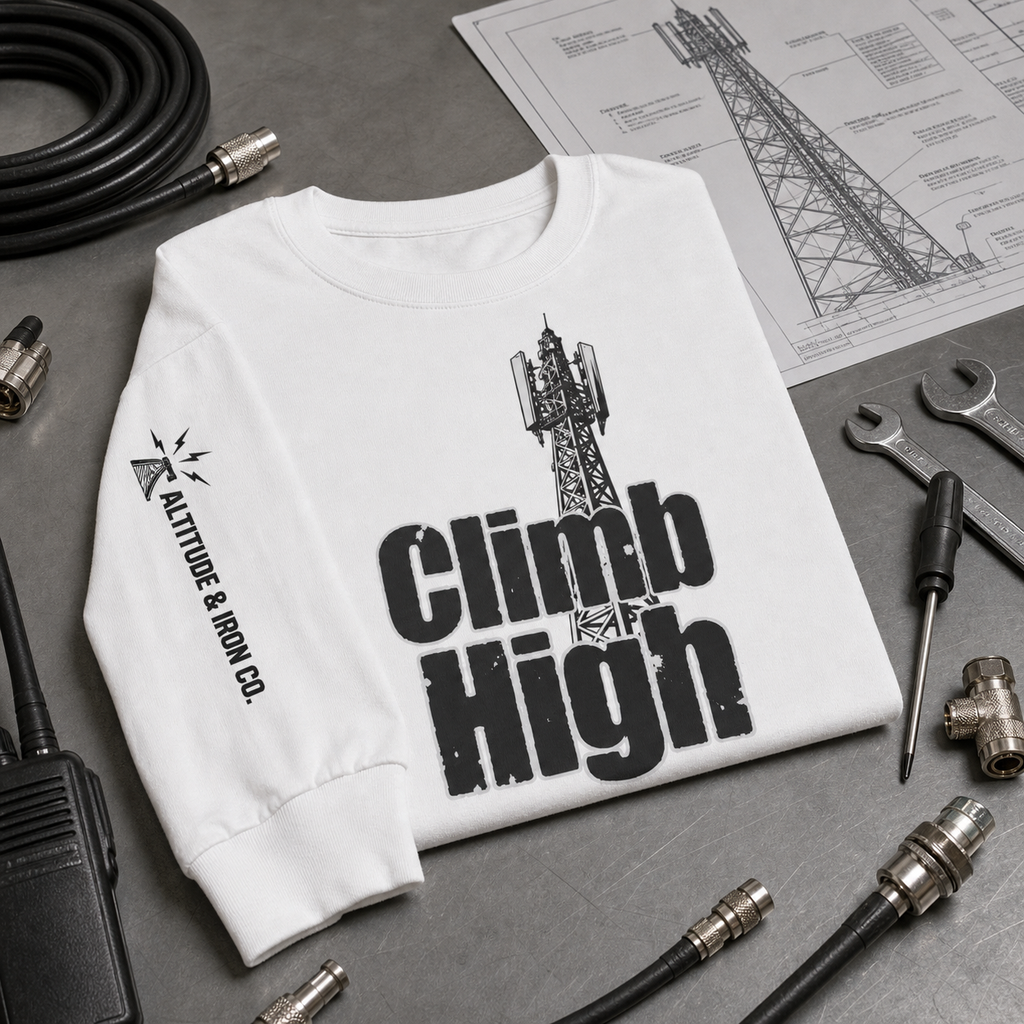 Climb High Long Sleeve Tee, an Altitude & Iron long sleeve shirt for tower climbers