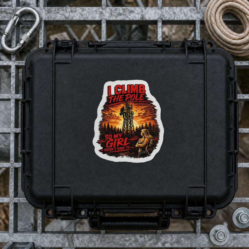 I Climb the Pole sunset sticker applied to a black equipment case