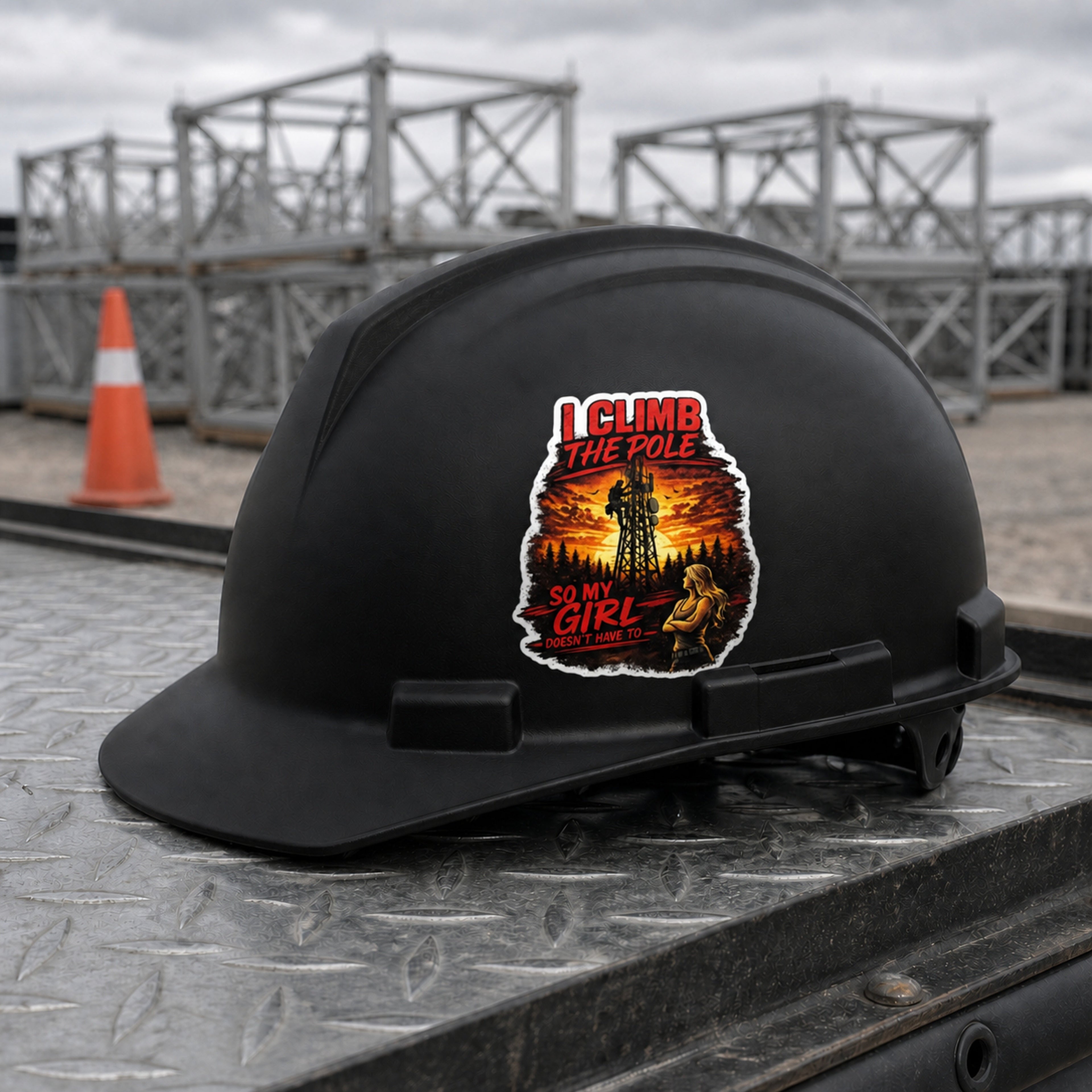 I Climb the Pole sunset sticker applied to a black hard hat