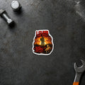 I Climb the Pole sunset sticker displayed on a steel workbench